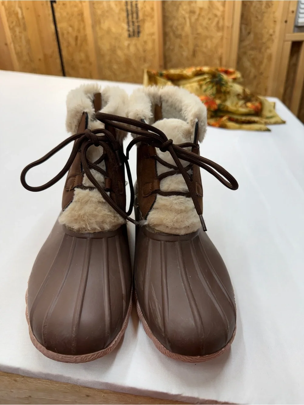 Outwoods Brown Faux-Shearling Lace-Up Duck Boots